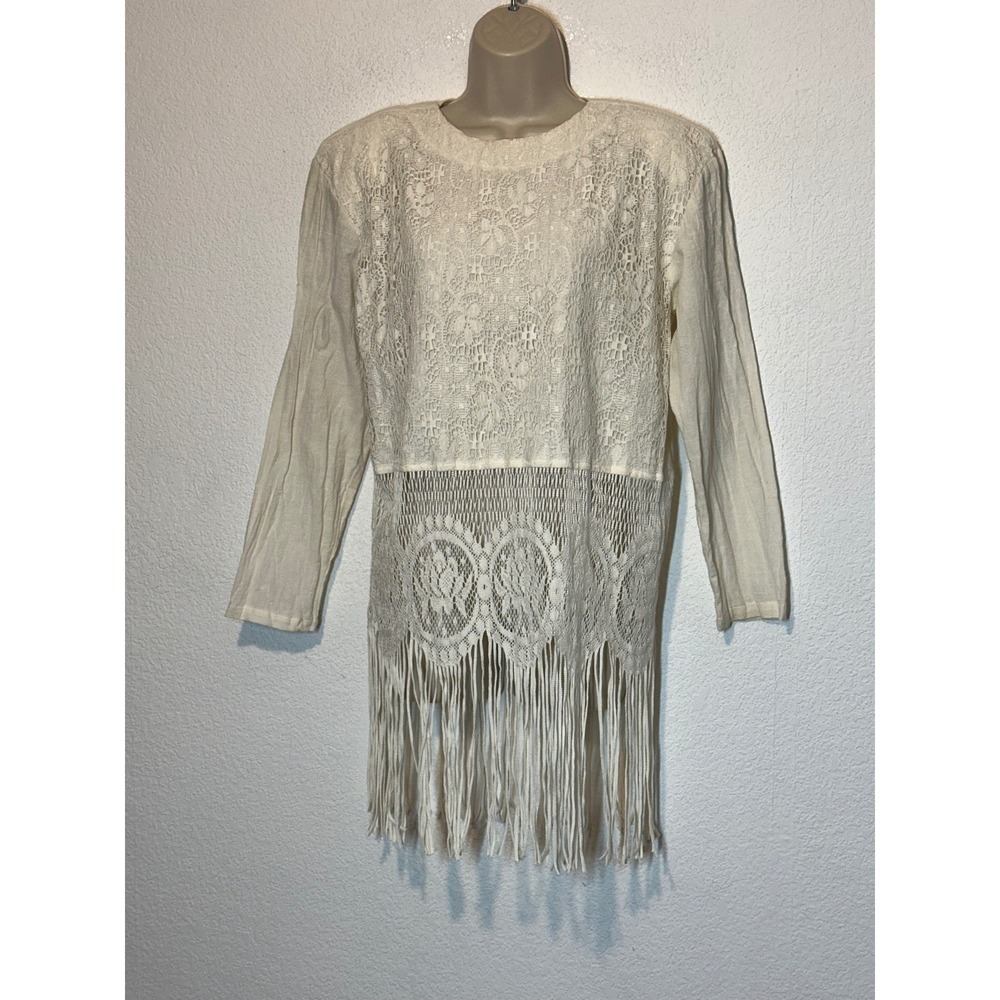 Vtg 80s 90s California‎ Tunic Top Lace Fringe Long Sleeve Ivory Size 4 USA Boho